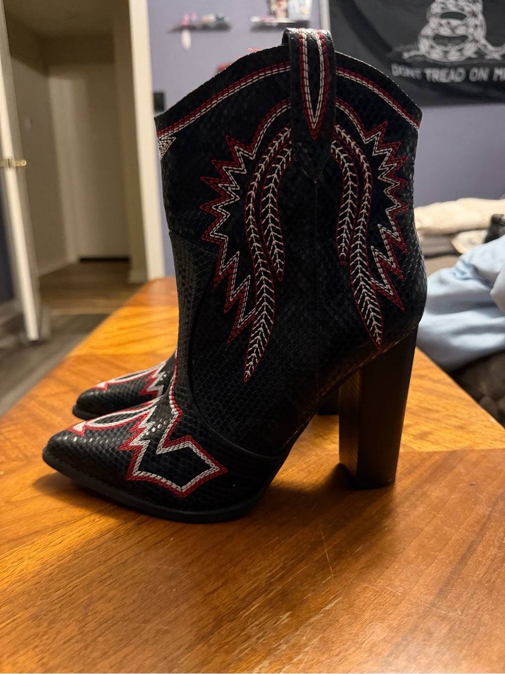 Liliana Black Ankle Booties with Red & White Western Stitching